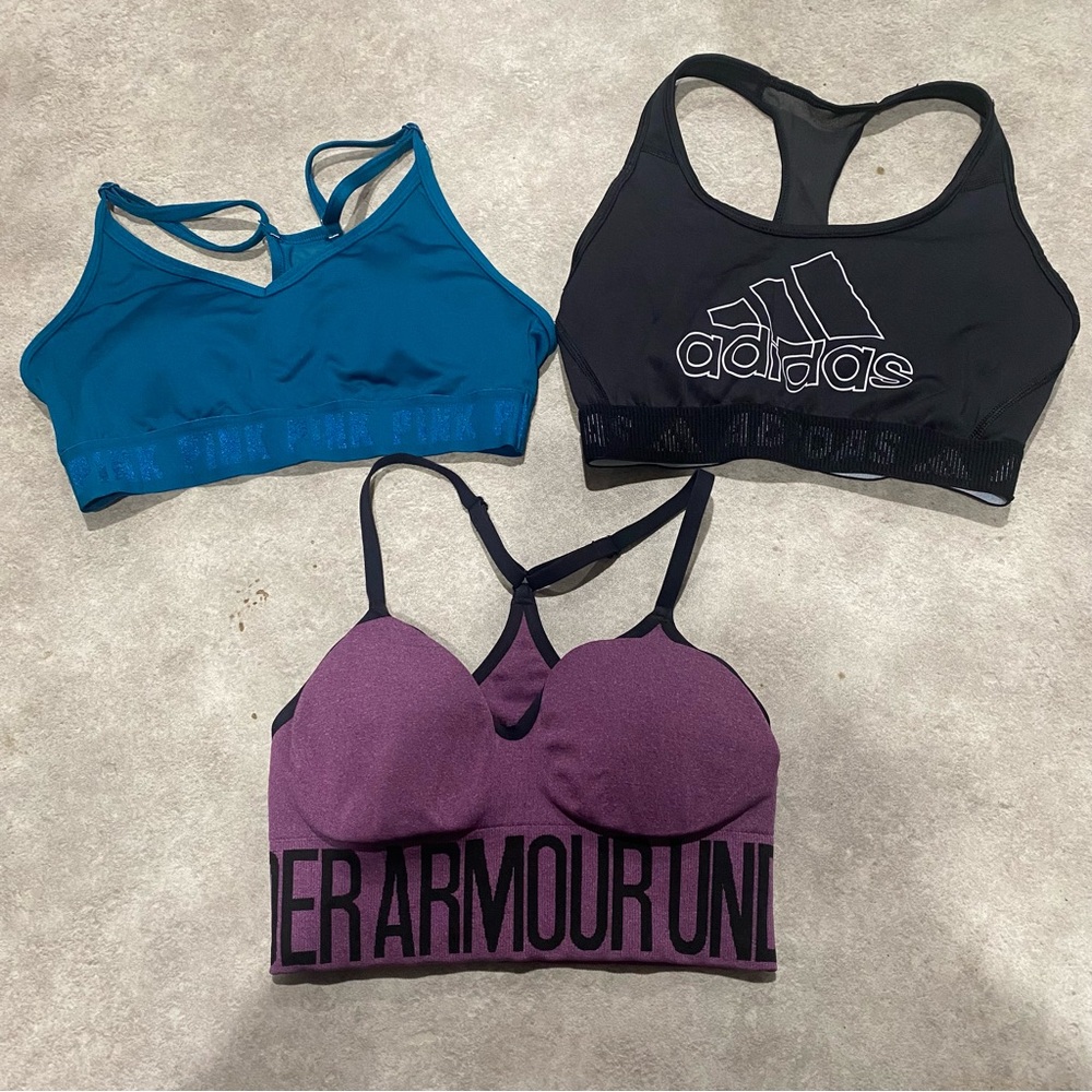 Adidas, PINK, and Under Armour Sports Bras Set sz Small with padding